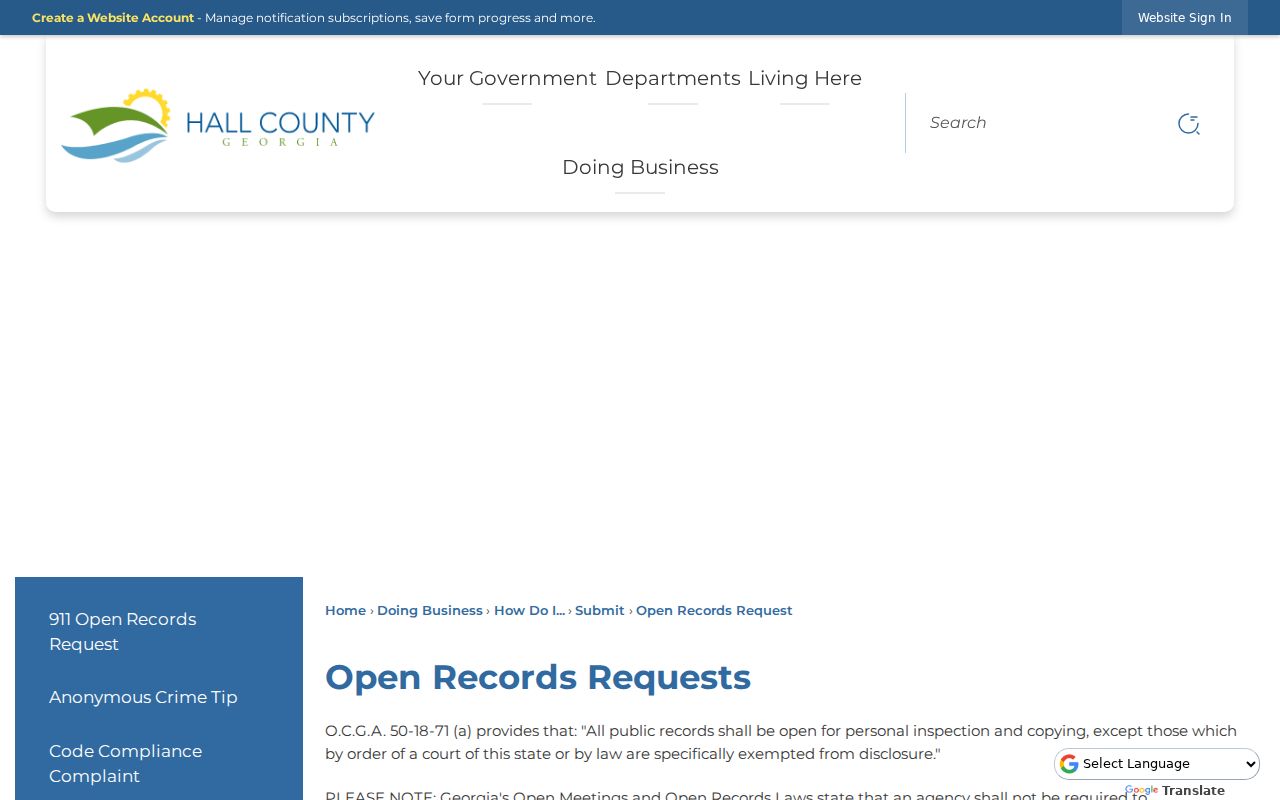 Hall County open records request page explaining court record routing